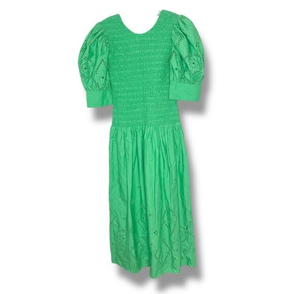 Ganni Broderie Anglaise Cotton Midi Dress in Kelly Green F7208 Women’s 38 / 8 US - Picture 8 of 16